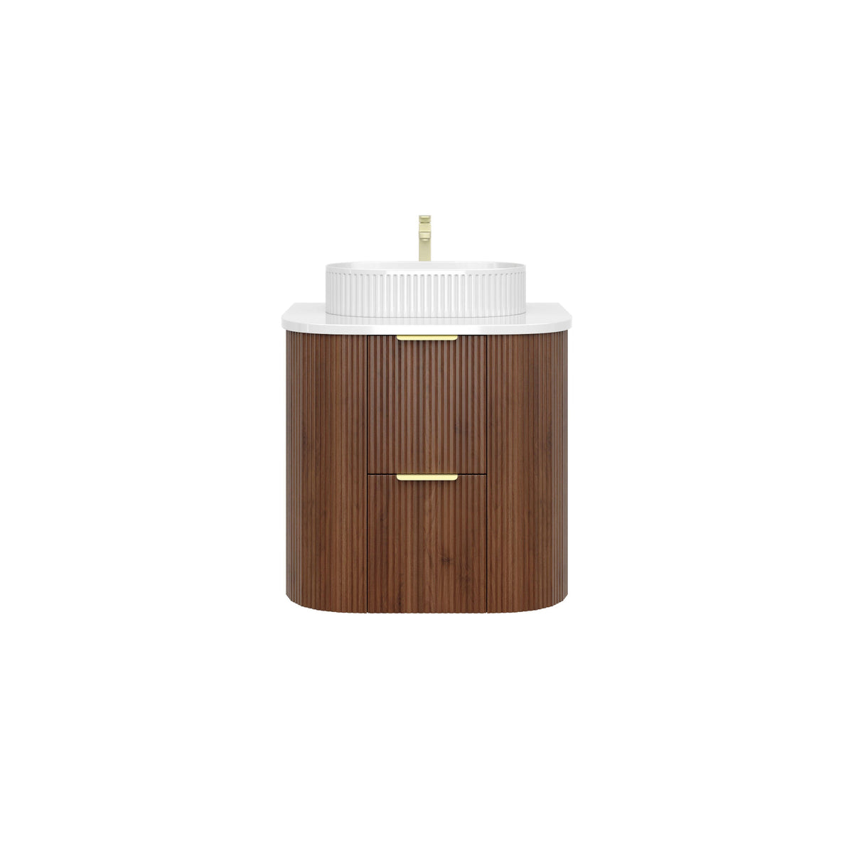 VITO ARDEN-D WALNUT 600MM FLUTED CURVED SINGLE BOWL WALL HUNG VANITY