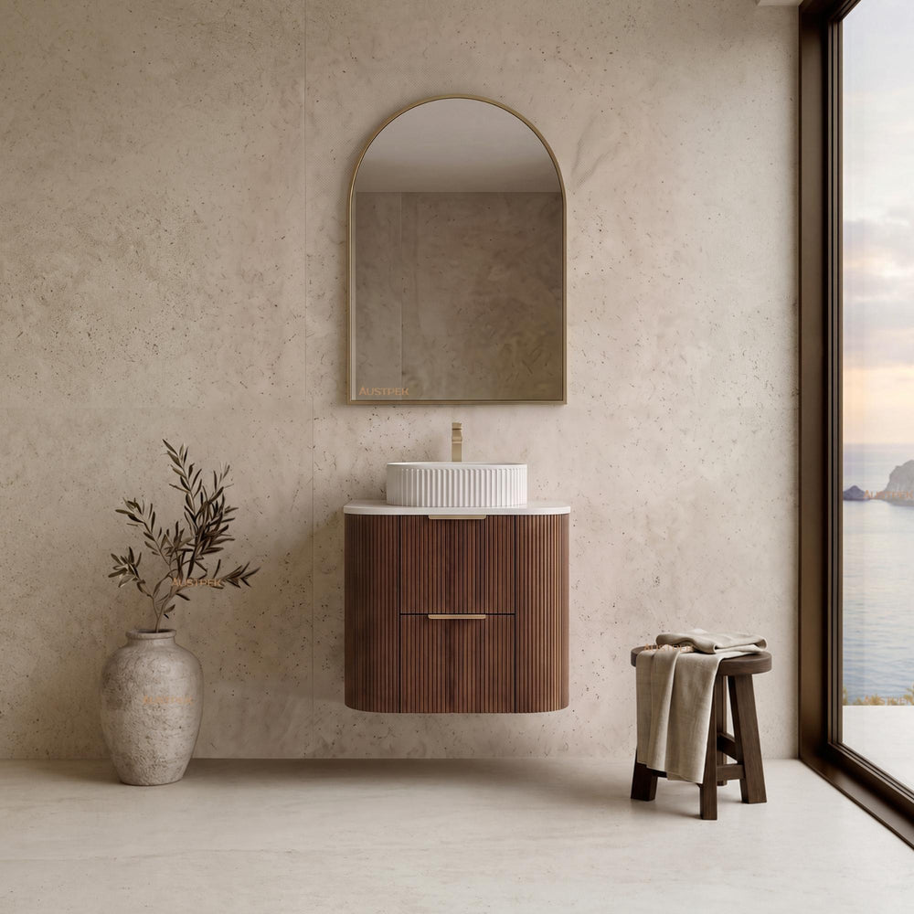 VITO ARDEN-D WALNUT 600MM FLUTED CURVED SINGLE BOWL WALL HUNG VANITY