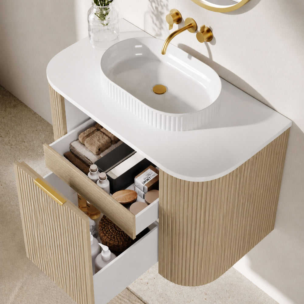 VITO ARDEN-S CLASSIC OAK 600MM FLUTED CURVED SINGLE BOWL WALL HUNG VANITY