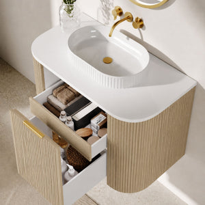 VITO ARDEN-S CLASSIC OAK 750MM FLUTED CURVED SINGLE BOWL WALL HUNG VANITY