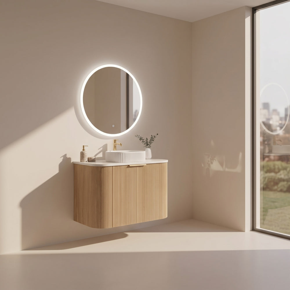 VITO ARDEN-S CLASSIC OAK 600MM FLUTED CURVED SINGLE BOWL WALL HUNG VANITY