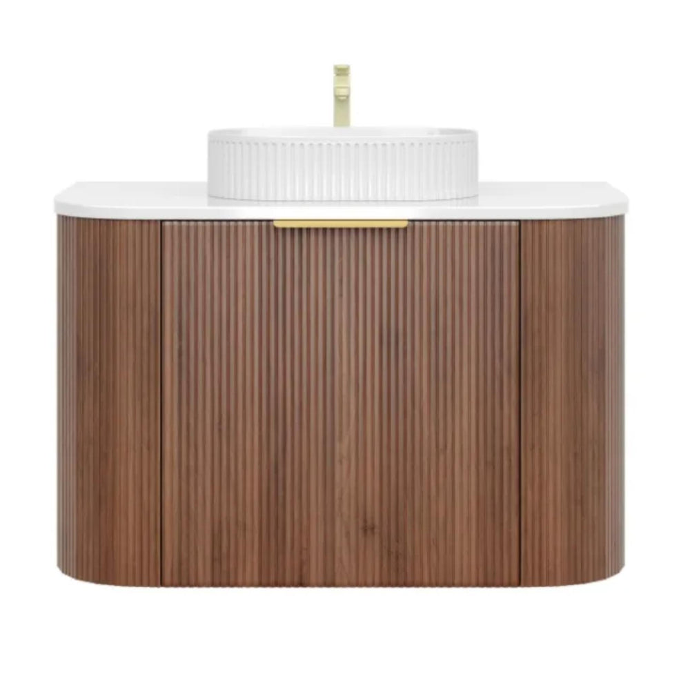 VITO ARDEN-S WALNUT 600MM FLUTED CURVED SINGLE BOWL WALL HUNG VANITY