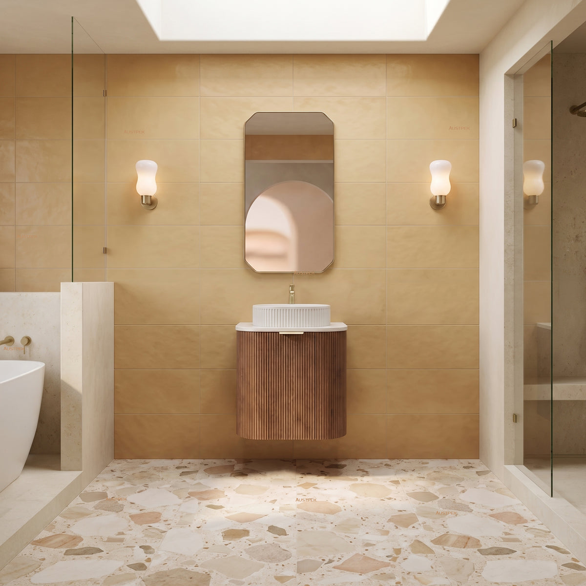 VITO ARDEN-S PRIME OAK 600MM FLUTED CURVED SINGLE BOWL WALL HUNG VANITY