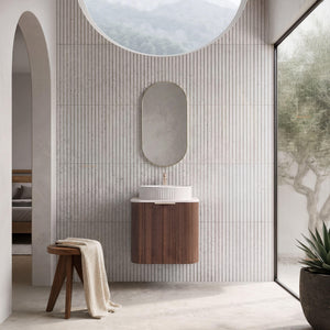 VITO ARDEN-S WALNUT 600MM FLUTED CURVED SINGLE BOWL WALL HUNG VANITY