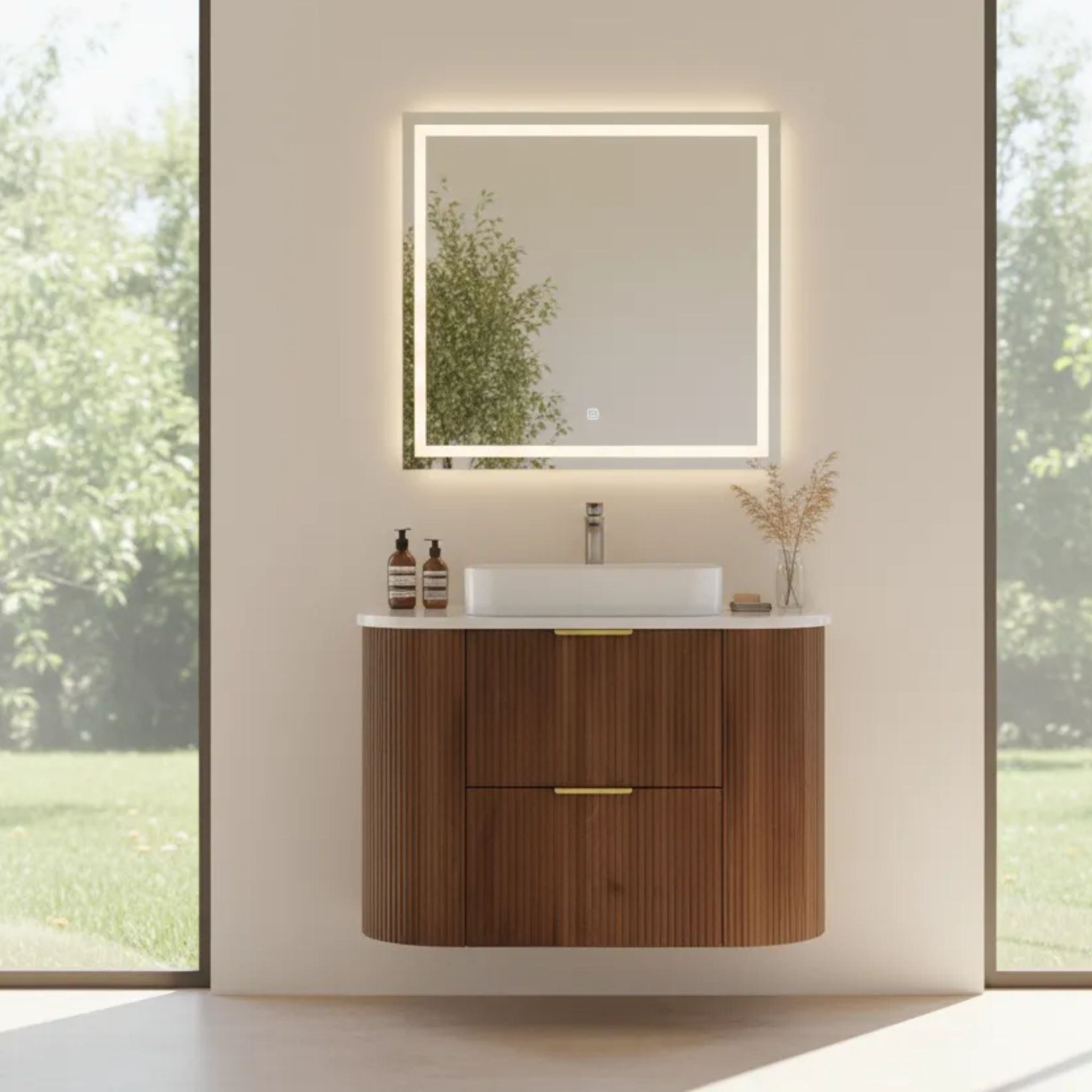 VITO ARDEN-D WALNUT 600MM FLUTED CURVED SINGLE BOWL WALL HUNG VANITY