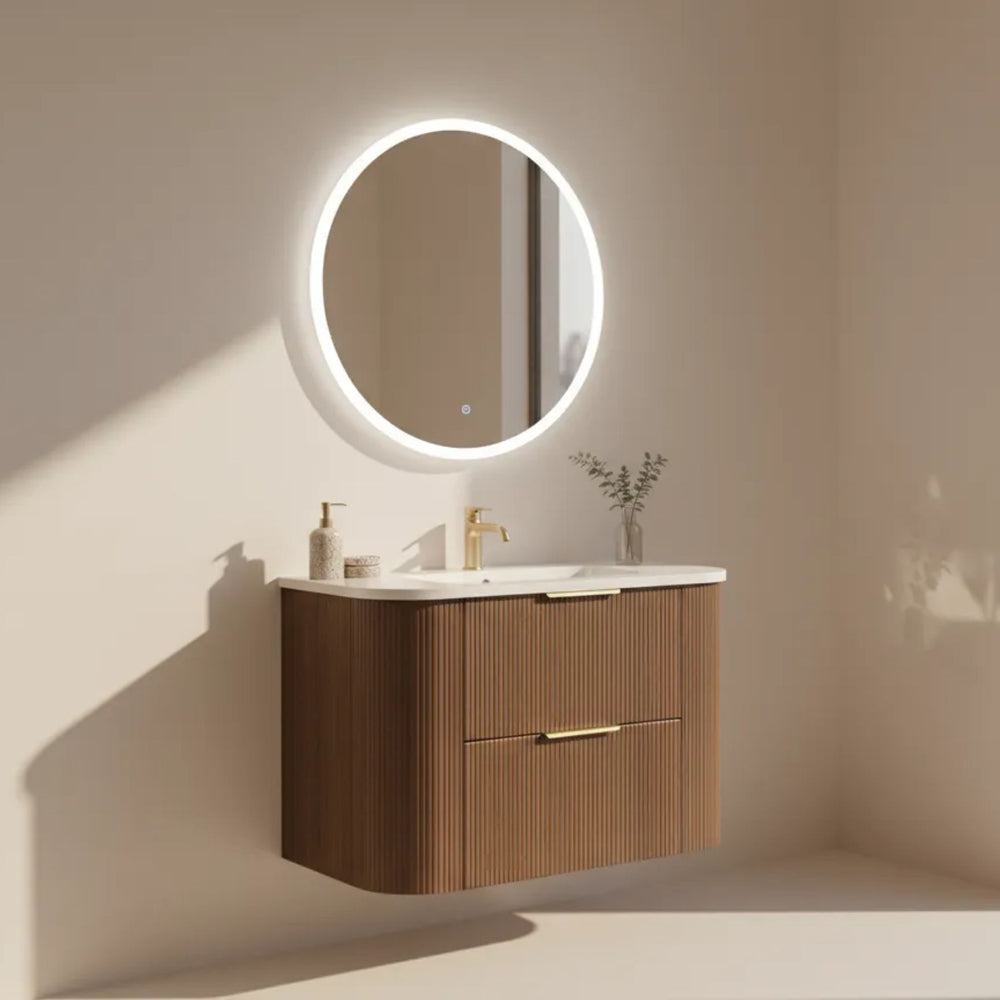 VITO ARDEN-D WALNUT 600MM FLUTED CURVED SINGLE BOWL WALL HUNG VANITY