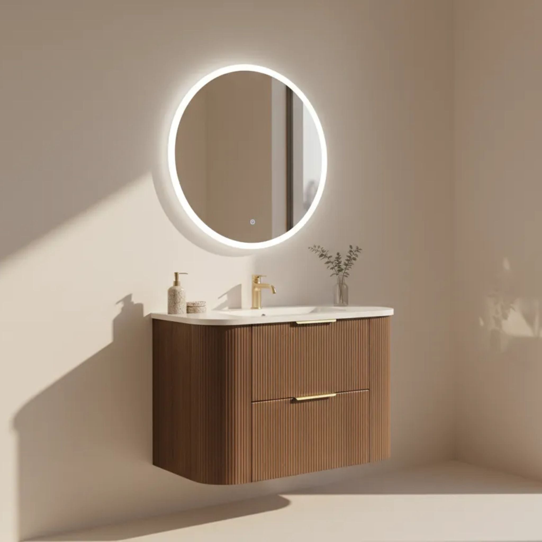 VITO ARDEN-D WALNUT 600MM FLUTED CURVED SINGLE BOWL WALL HUNG VANITY