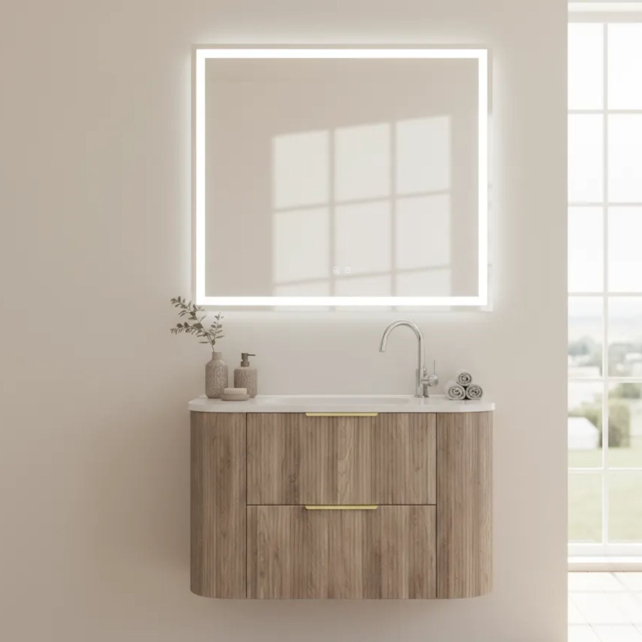 VITO ARDEN-D CLASSIC OAK 600MM FLUTED CURVED SINGLE BOWL WALL HUNG VANITY