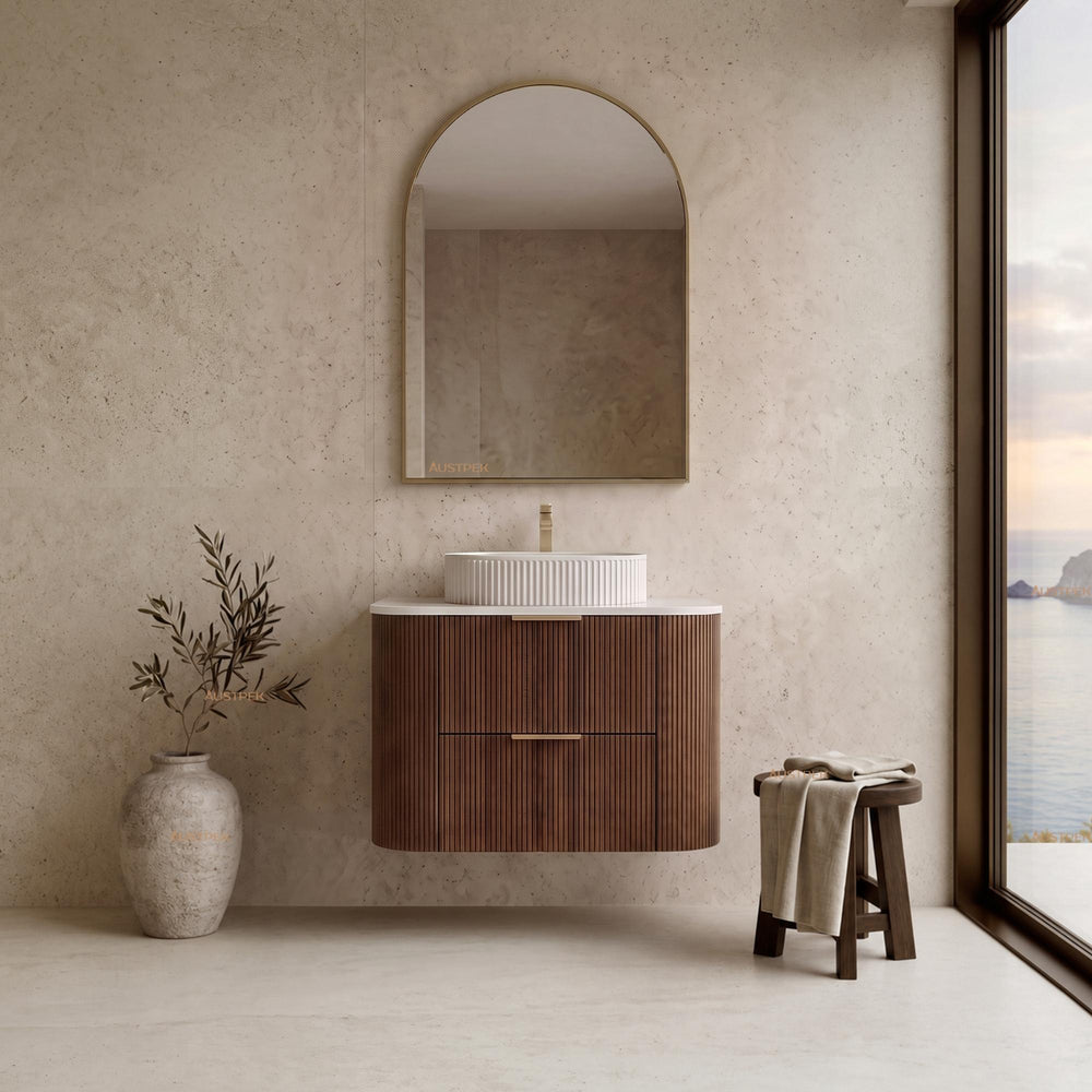 VITO ARDEN-D WALNUT 750MM FLUTED CURVED SINGLE BOWL WALL HUNG VANITY
