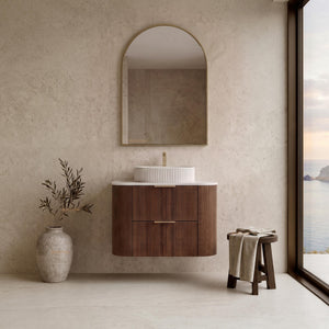 VITO ARDEN-D WALNUT 750MM FLUTED CURVED SINGLE BOWL WALL HUNG VANITY