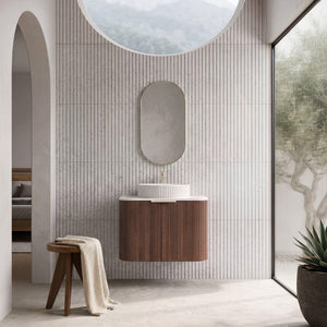 VITO ARDEN-S WALNUT 750MM FLUTED CURVED SINGLE BOWL WALL HUNG VANITY