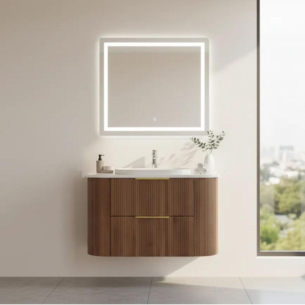 VITO ARDEN-D WALNUT 750MM FLUTED CURVED SINGLE BOWL WALL HUNG VANITY