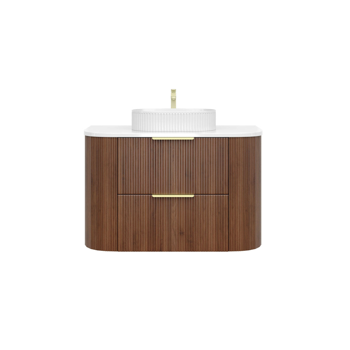 VITO ARDEN-D WALNUT 900MM FLUTED CURVED SINGLE BOWL WALL HUNG VANITY