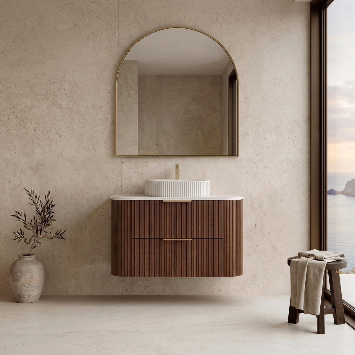 VITO ARDEN-D WALNUT 900MM FLUTED CURVED SINGLE BOWL WALL HUNG VANITY