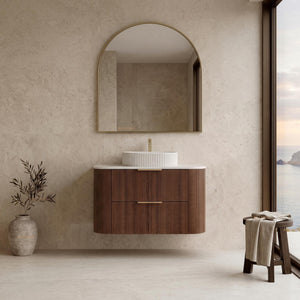 VITO ARDEN-D WALNUT 900MM FLUTED CURVED SINGLE BOWL WALL HUNG VANITY