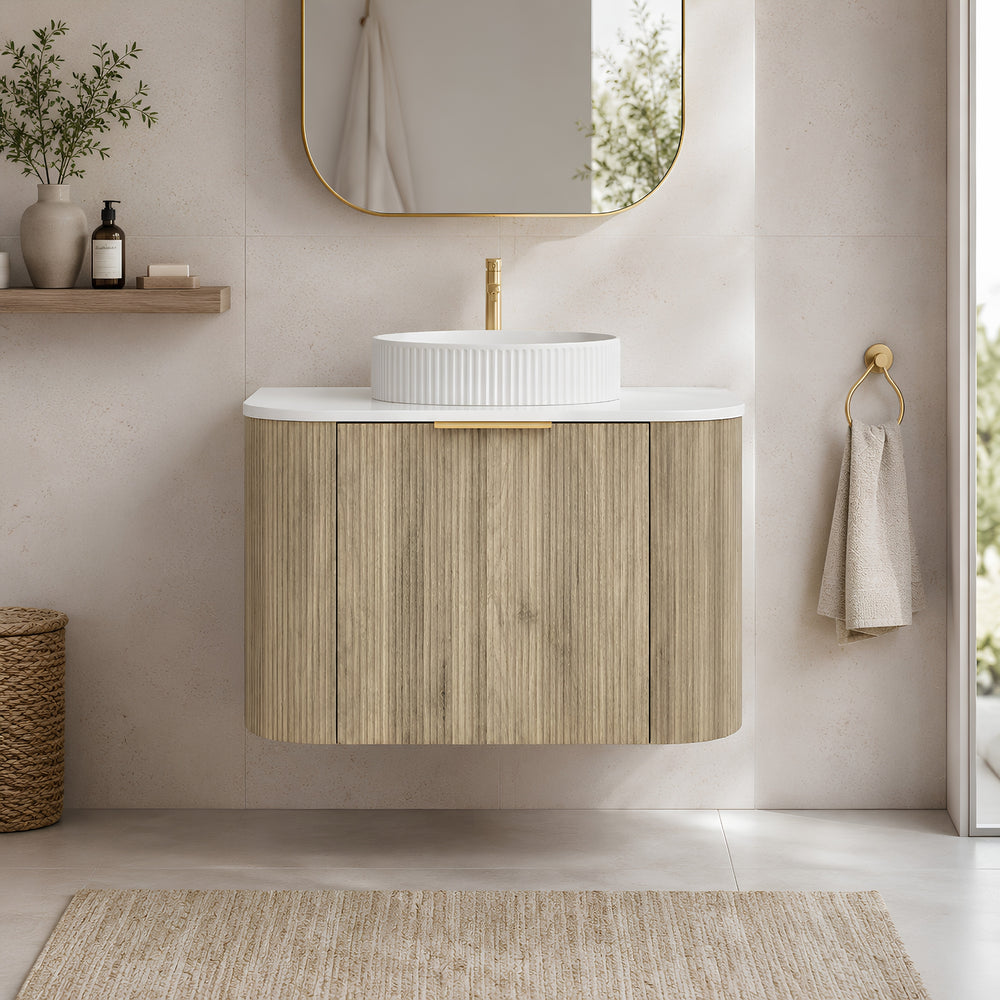 VITO ARDEN-S CLASSIC OAK 900MM FLUTED CURVED SINGLE BOWL WALL HUNG VANITY