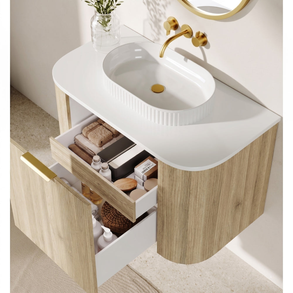 VITO ARDEN-S CLASSIC OAK 900MM FLUTED CURVED SINGLE BOWL WALL HUNG VANITY