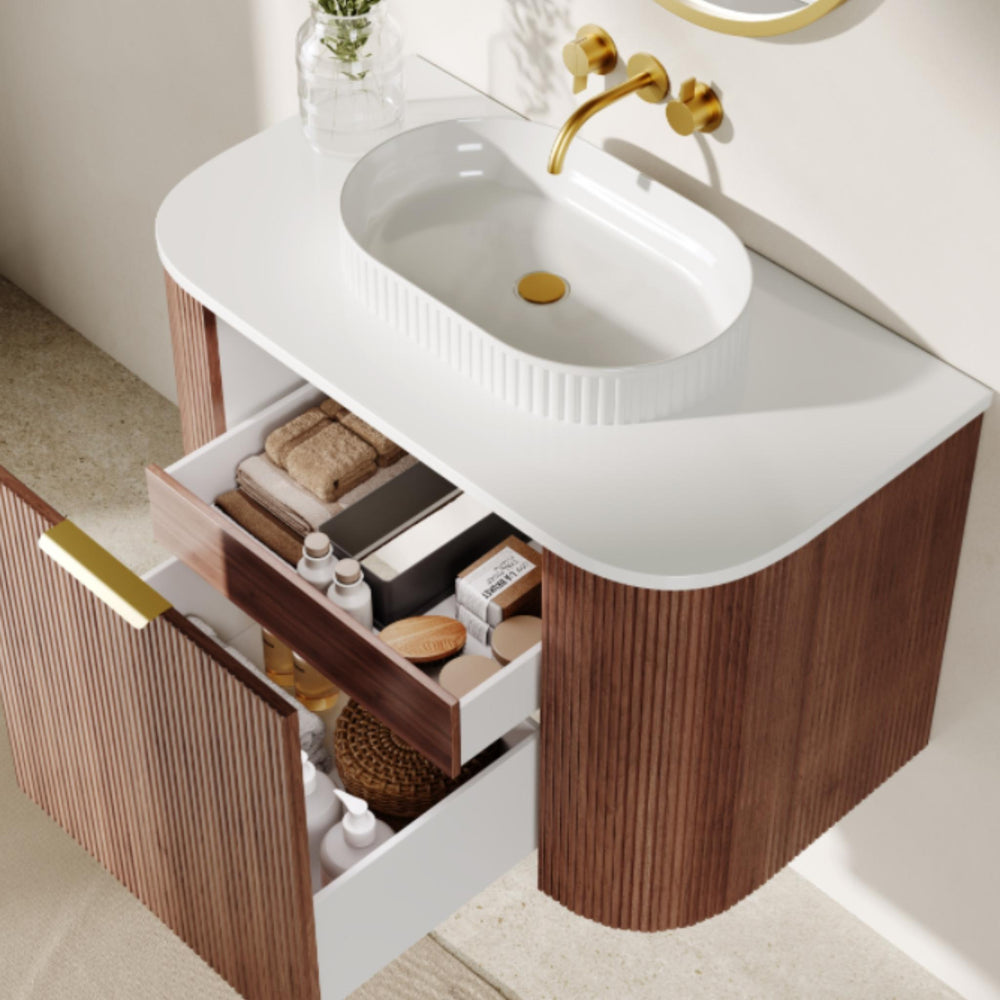 VITO ARDEN-S PRIME OAK 900MM FLUTED CURVED SINGLE BOWL WALL HUNG VANITY