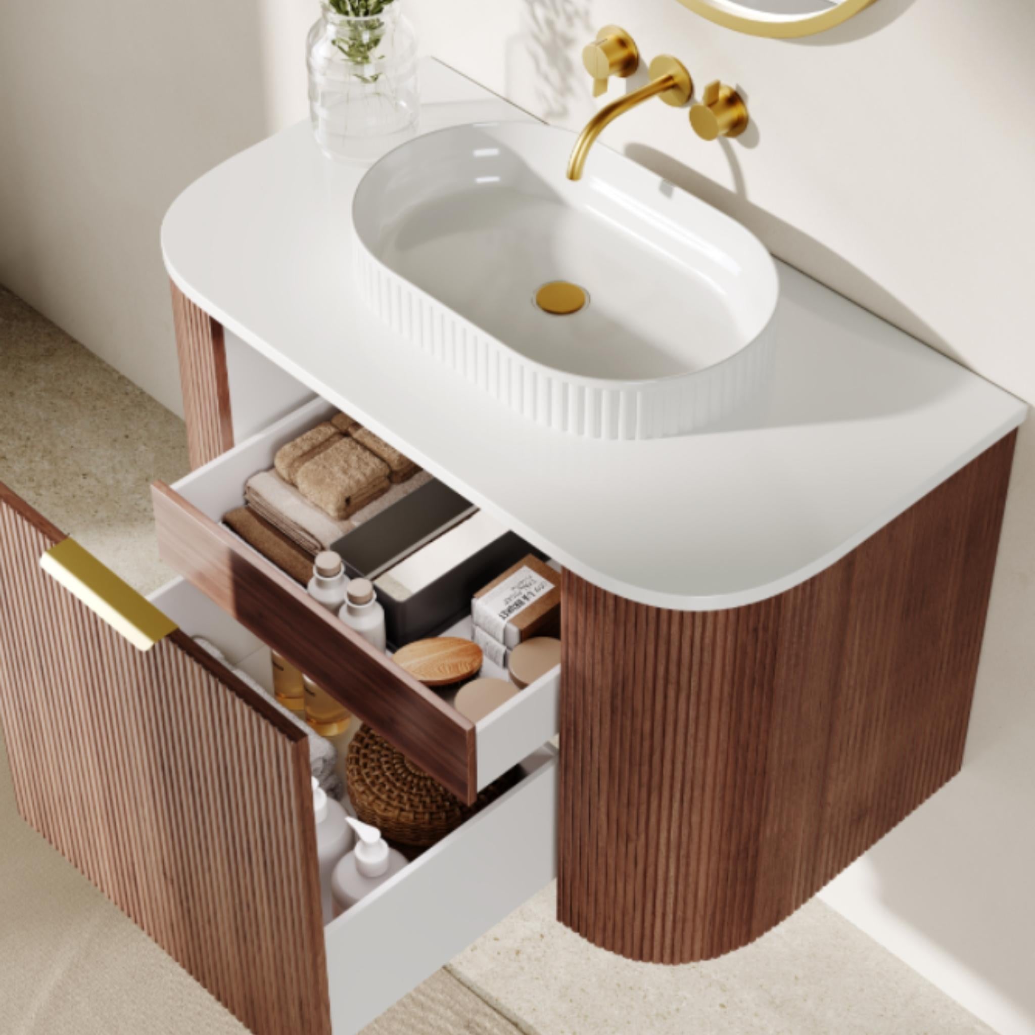 VITO ARDEN-S PRIME OAK 900MM FLUTED CURVED SINGLE BOWL WALL HUNG VANITY