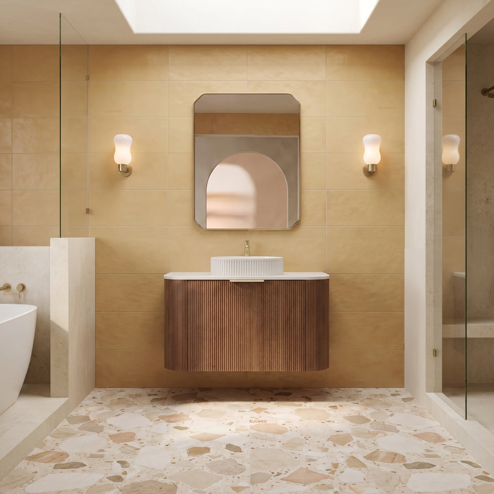 VITO ARDEN-S PRIME OAK 900MM FLUTED CURVED SINGLE BOWL WALL HUNG VANITY