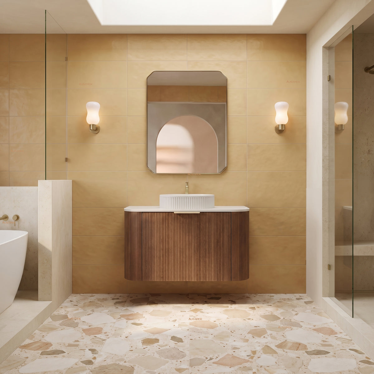 VITO ARDEN-S PRIME OAK 900MM FLUTED CURVED SINGLE BOWL WALL HUNG VANITY