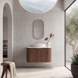VITO ARDEN-S WALNUT 900MM FLUTED CURVED SINGLE BOWL WALL HUNG VANITY
