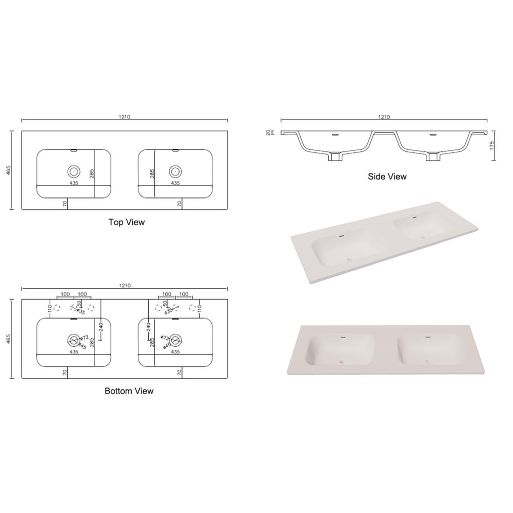 RIVA ARIA UNDERMOUNT DOUBLE VANITY SOLID SURFACE TOP MATTE WHITE (AVAILABLE IN MULTIPLE SIZES)