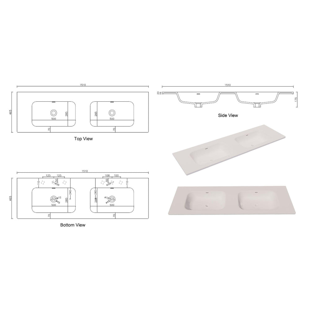 RIVA ARIA UNDERMOUNT DOUBLE VANITY SOLID SURFACE TOP MATTE WHITE (AVAILABLE IN MULTIPLE SIZES)