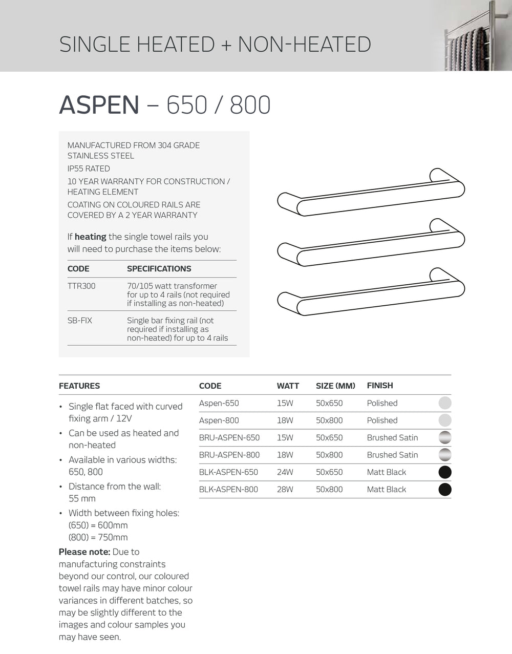 RADIANT HEATING ASPEN CURVED HEATED SINGLE TOWEL RAIL MATTE BLACK 650MM AND 800MM