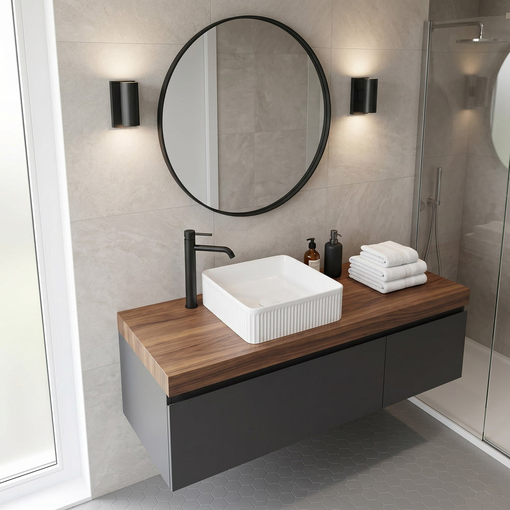VITO ATHENA FLUTED SQUARE ABOVE COUNTER BASIN GLOSS WHITE 375MM