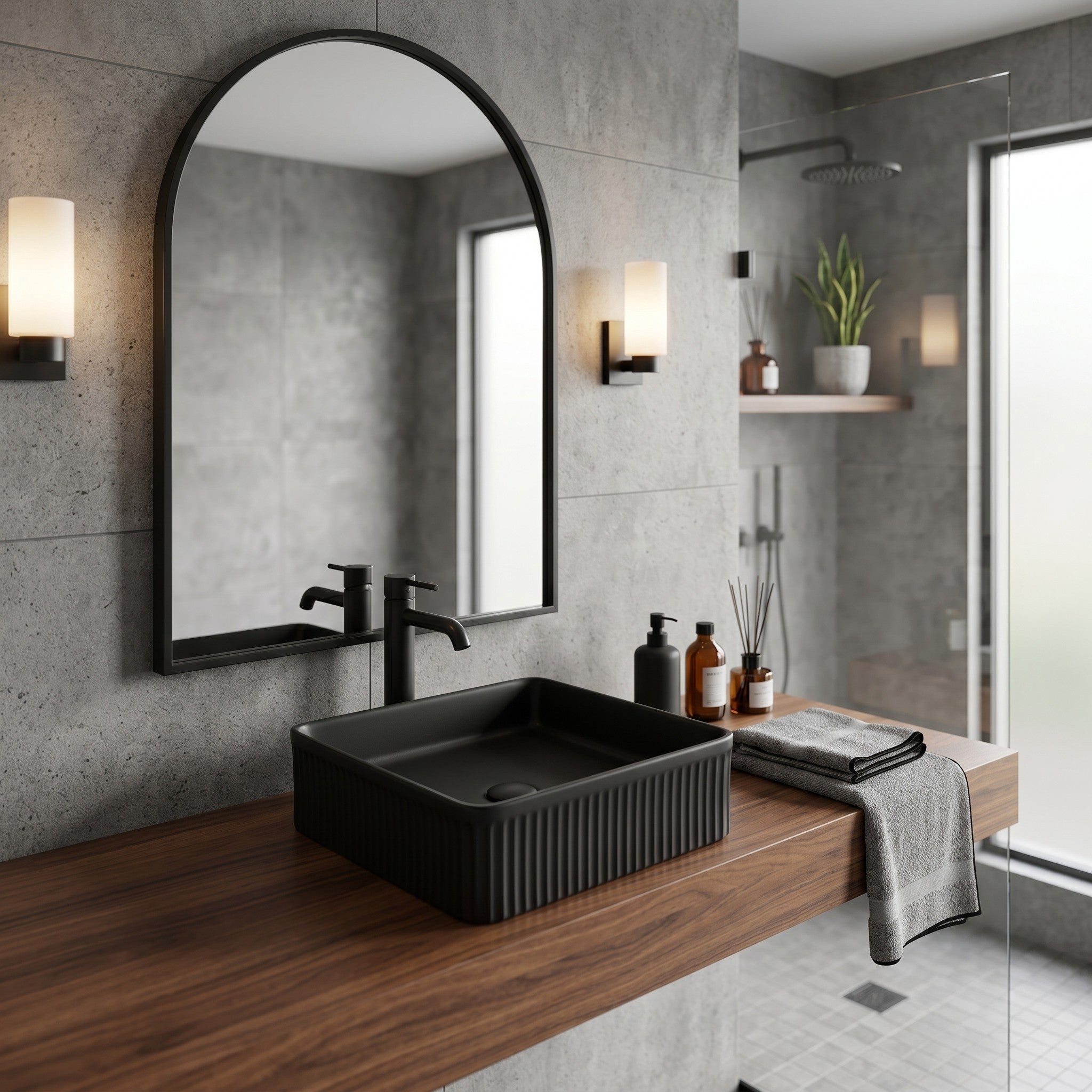 VITO ATHENA FLUTED SQUARE ABOVE COUNTER BASIN MATTE BLACK 375MM