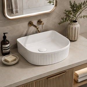 VITO ATHENA FLUTED ARCH PREMIUM CERAMIC ABOVE COUNTER BASIN GLOSS WHITE 400MM