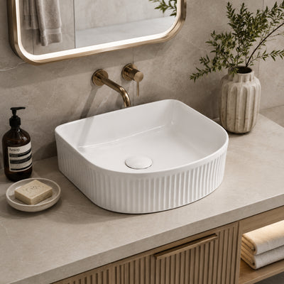 VITO ATHENA FLUTED ARCH PREMIUM CERAMIC ABOVE COUNTER BASIN GLOSS WHITE 400MM