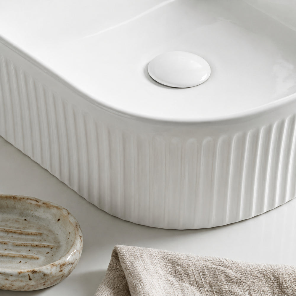 VITO ATHENA FLUTED ARCH PREMIUM CERAMIC ABOVE COUNTER BASIN GLOSS WHITE 400MM