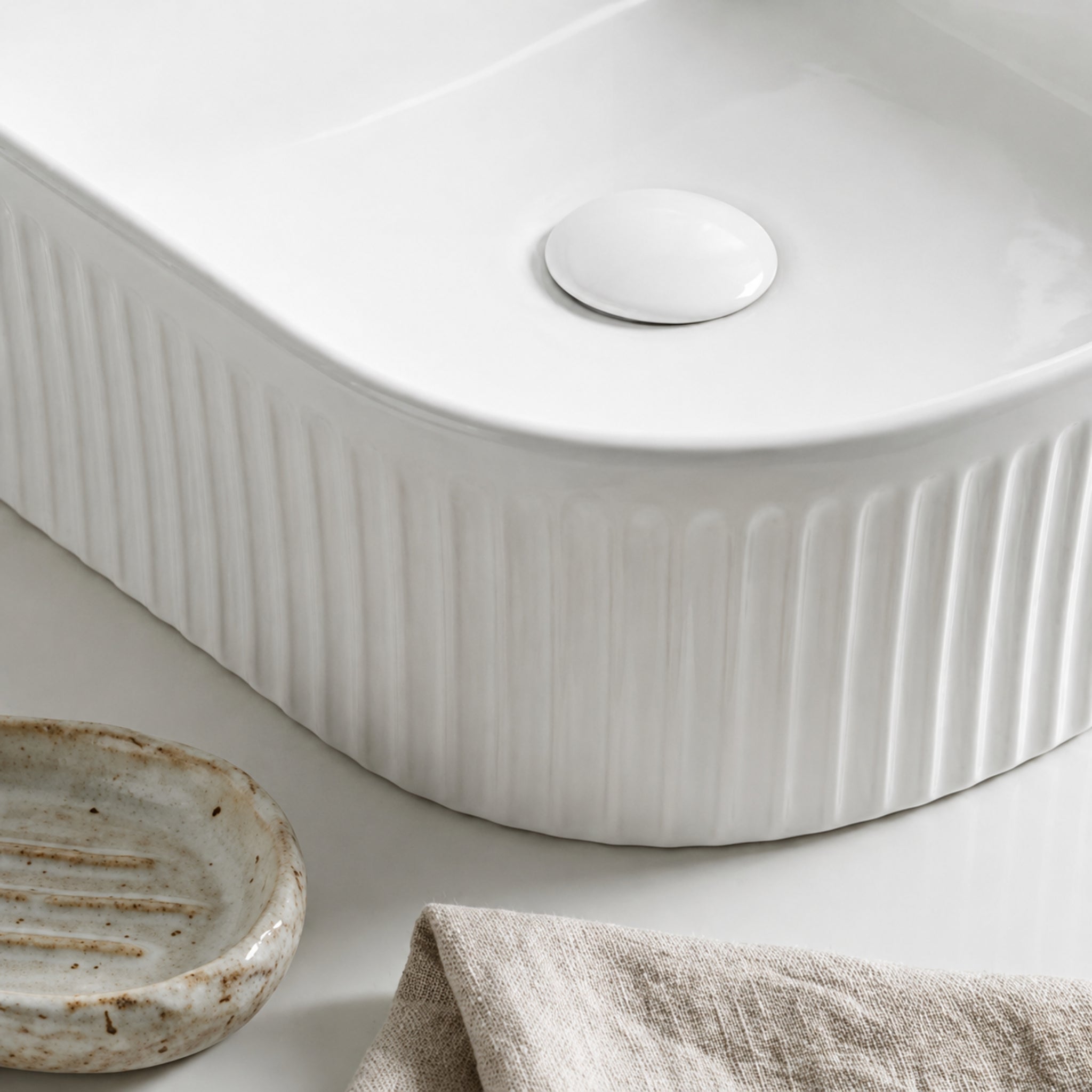 VITO ATHENA FLUTED ARCH PREMIUM CERAMIC ABOVE COUNTER BASIN GLOSS WHITE 400MM