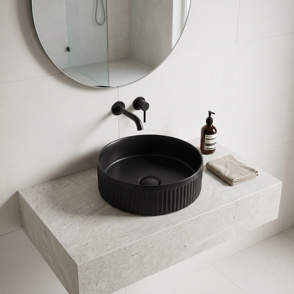 VITO ATHENA FLUTED ROUND ABOVE COUNTER BASIN MATTE BLACK 410MM