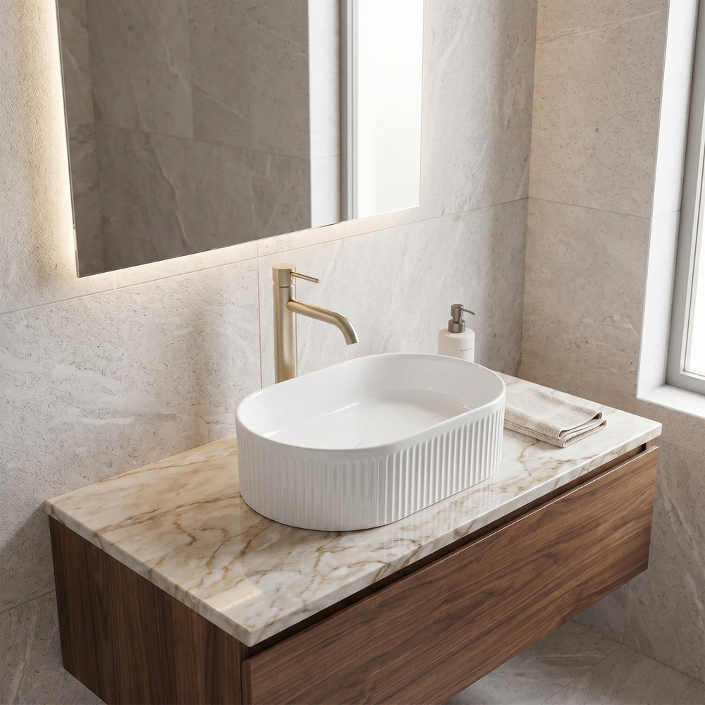 VITO ATHENA FLUTED PREMIUM CERAMIC ABOVE COUNTER BASIN GLOSS WHITE 490MM
