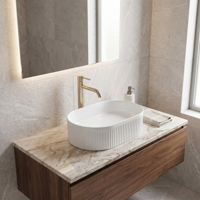 VITO ATHENA FLUTED PREMIUM CERAMIC ABOVE COUNTER BASIN GLOSS WHITE 490MM