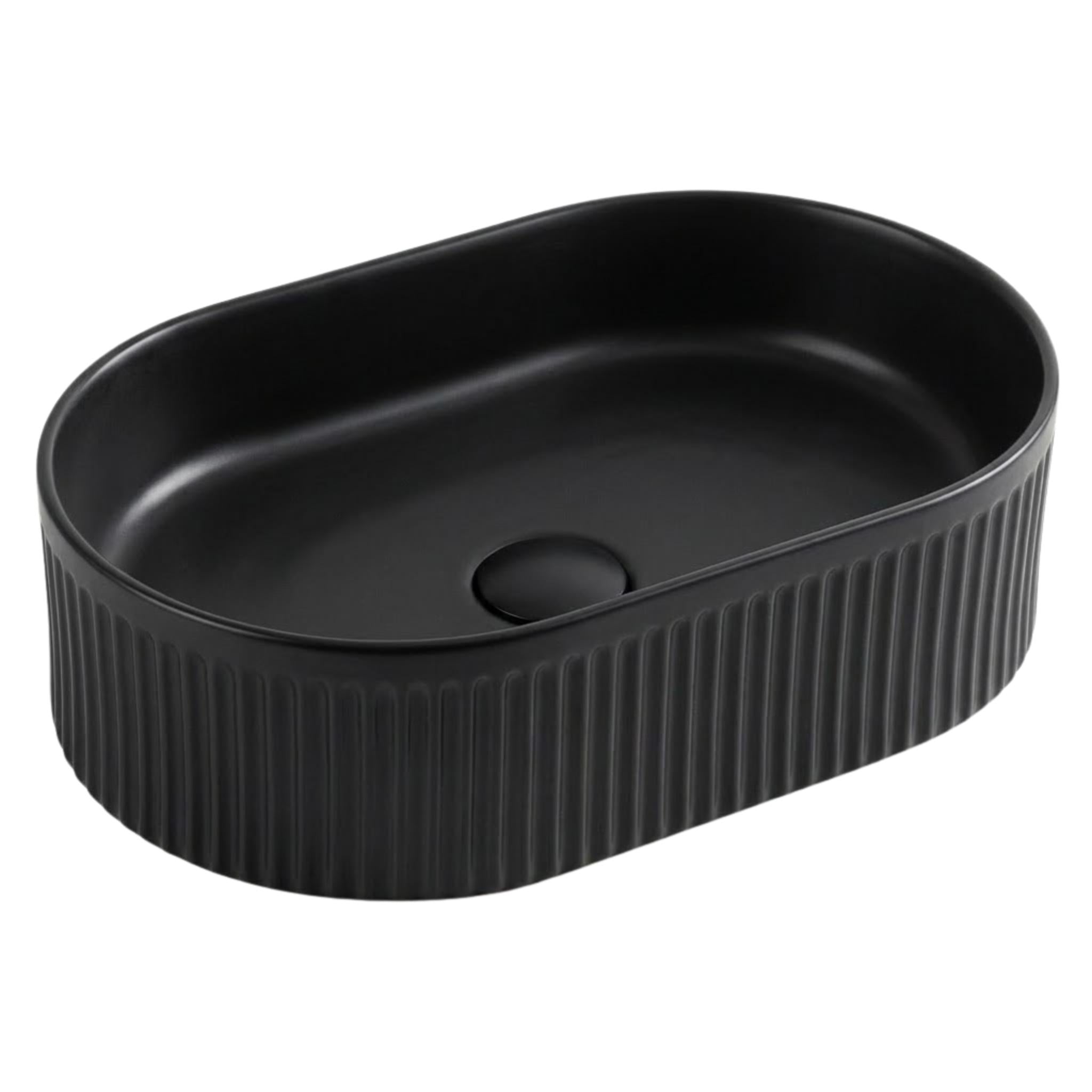 VITO ATHENA FLUTED PREMIUM CERAMIC ABOVE COUNTER BASIN MATTE BLACK 490MM
