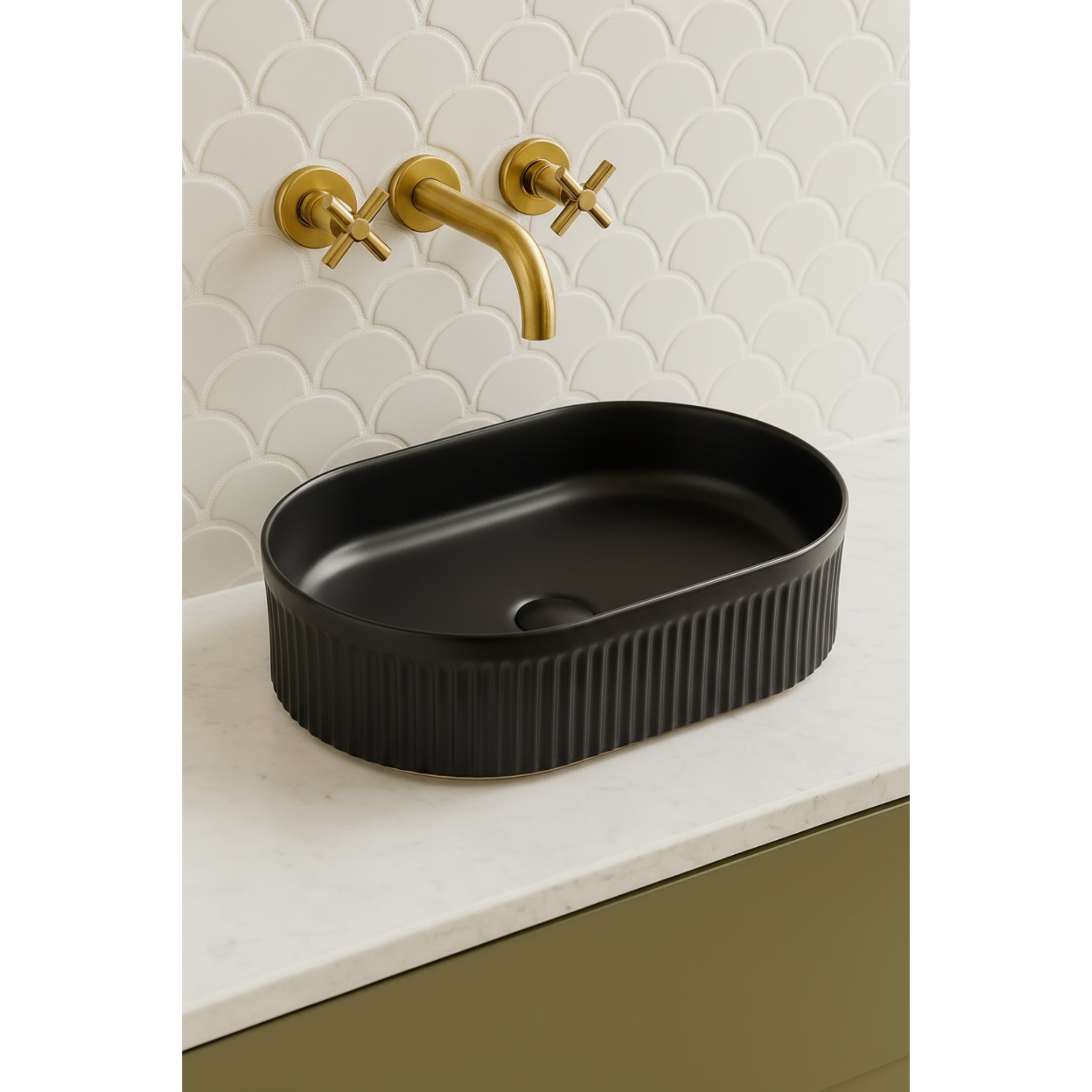VITO ATHENA FLUTED PREMIUM CERAMIC ABOVE COUNTER BASIN MATTE BLACK 490MM