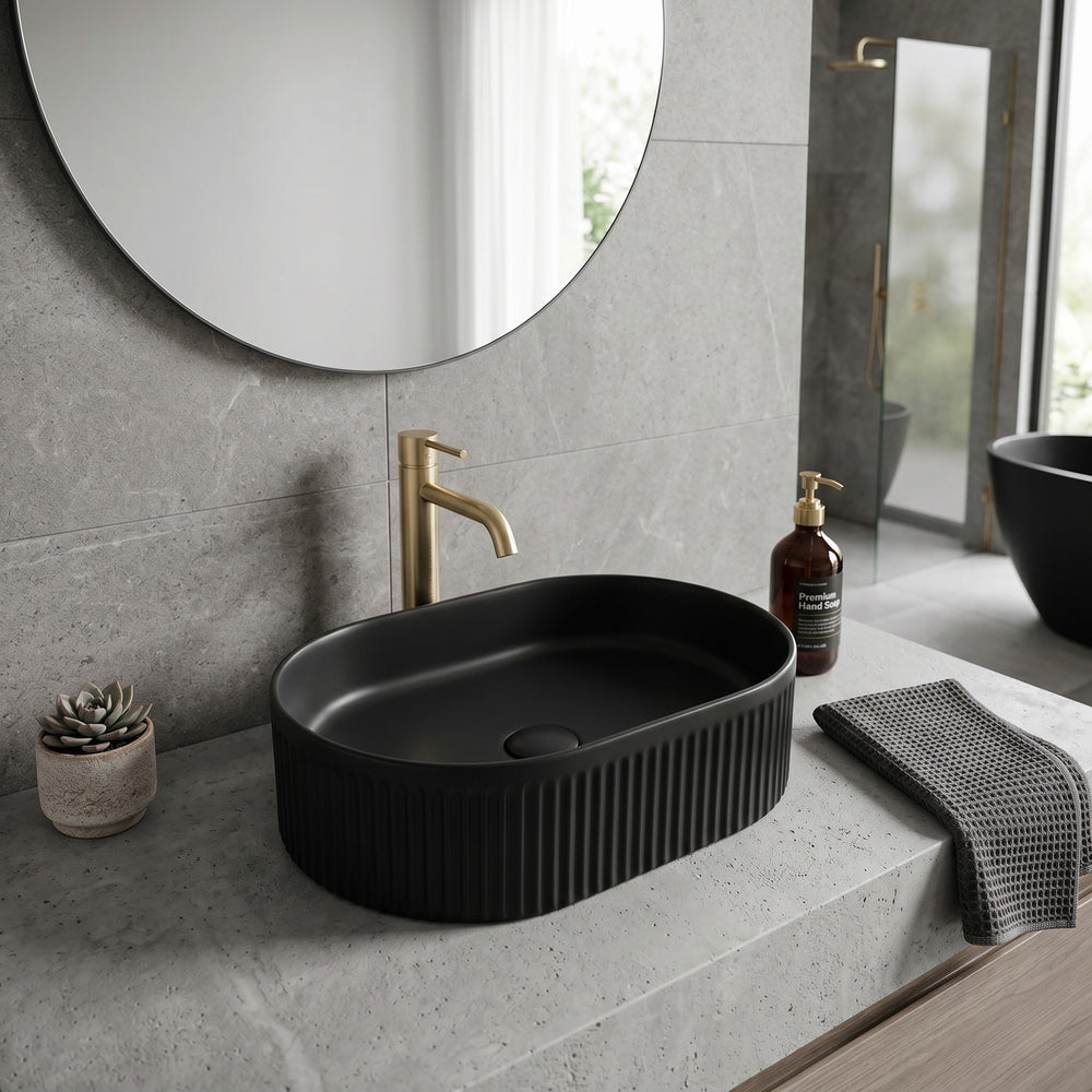 VITO ATHENA FLUTED PREMIUM CERAMIC ABOVE COUNTER BASIN MATTE BLACK 490MM