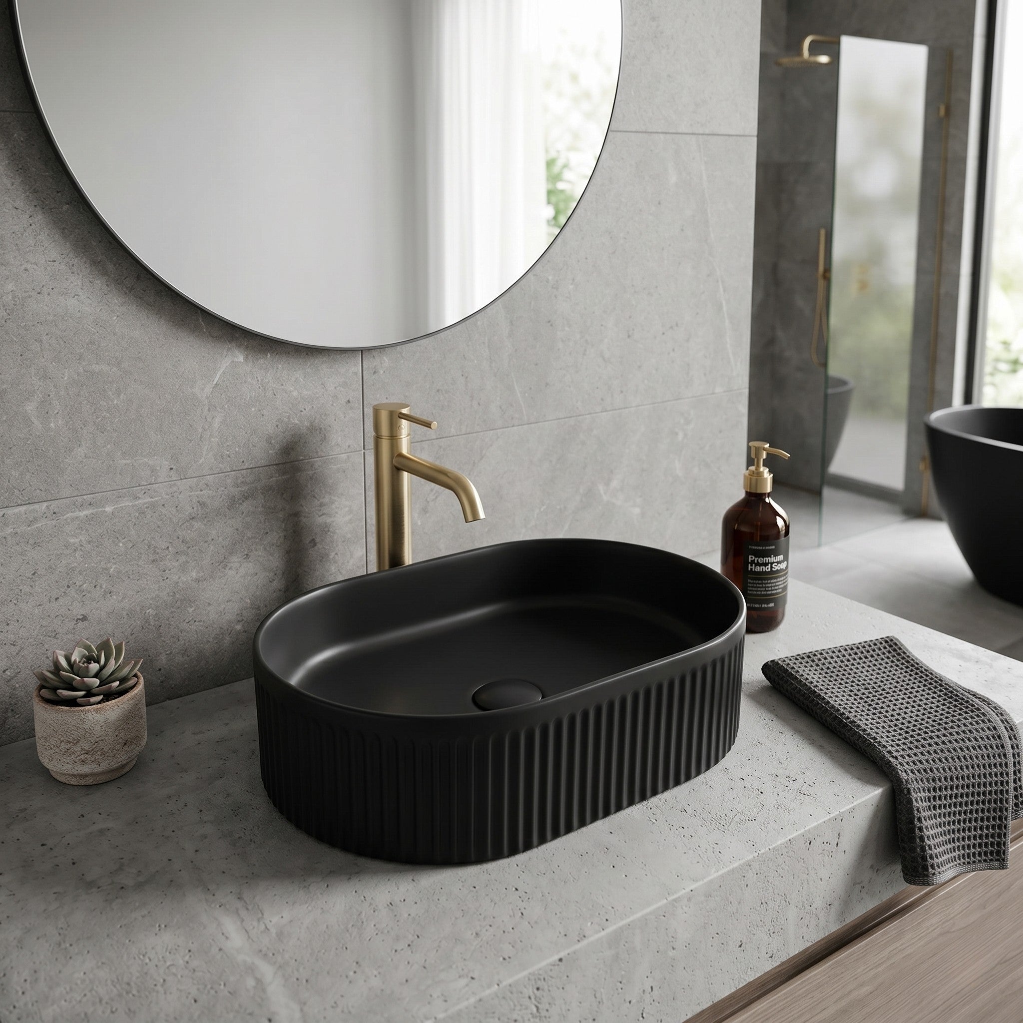 VITO ATHENA FLUTED PREMIUM CERAMIC ABOVE COUNTER BASIN MATTE BLACK 490MM