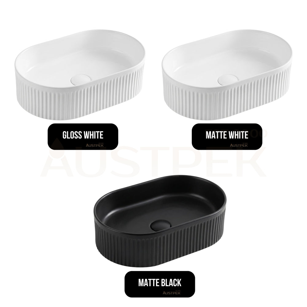 VITO ATHENA FLUTED PREMIUM CERAMIC ABOVE COUNTER BASIN GLOSS WHITE 490MM