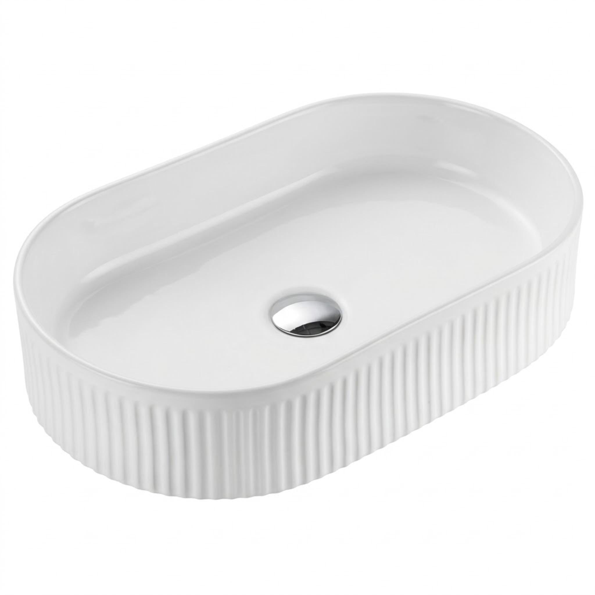 VITO ATHENA FLUTED PREMIUM CERAMIC ABOVE COUNTER BASIN GLOSS WHITE 590MM