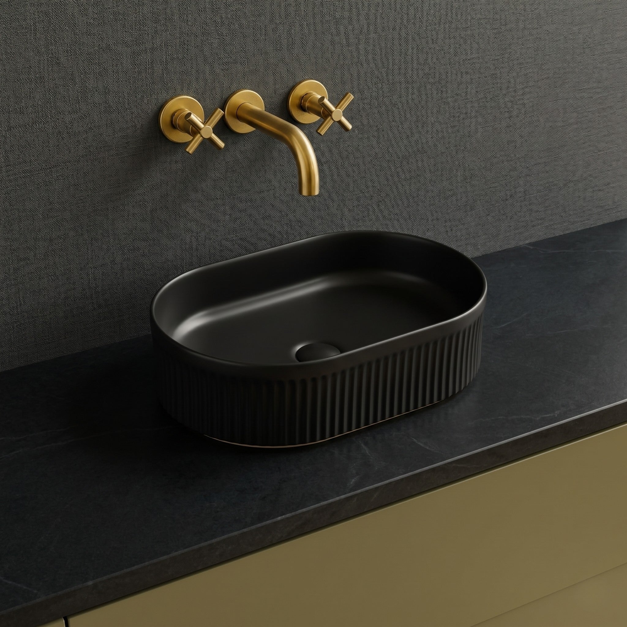 VITO ATHENA FLUTED PREMIUM CERAMIC ABOVE COUNTER BASIN MATTE BLACK 590MM