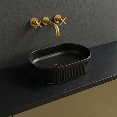 VITO ATHENA FLUTED PREMIUM CERAMIC ABOVE COUNTER BASIN MATTE BLACK 590MM