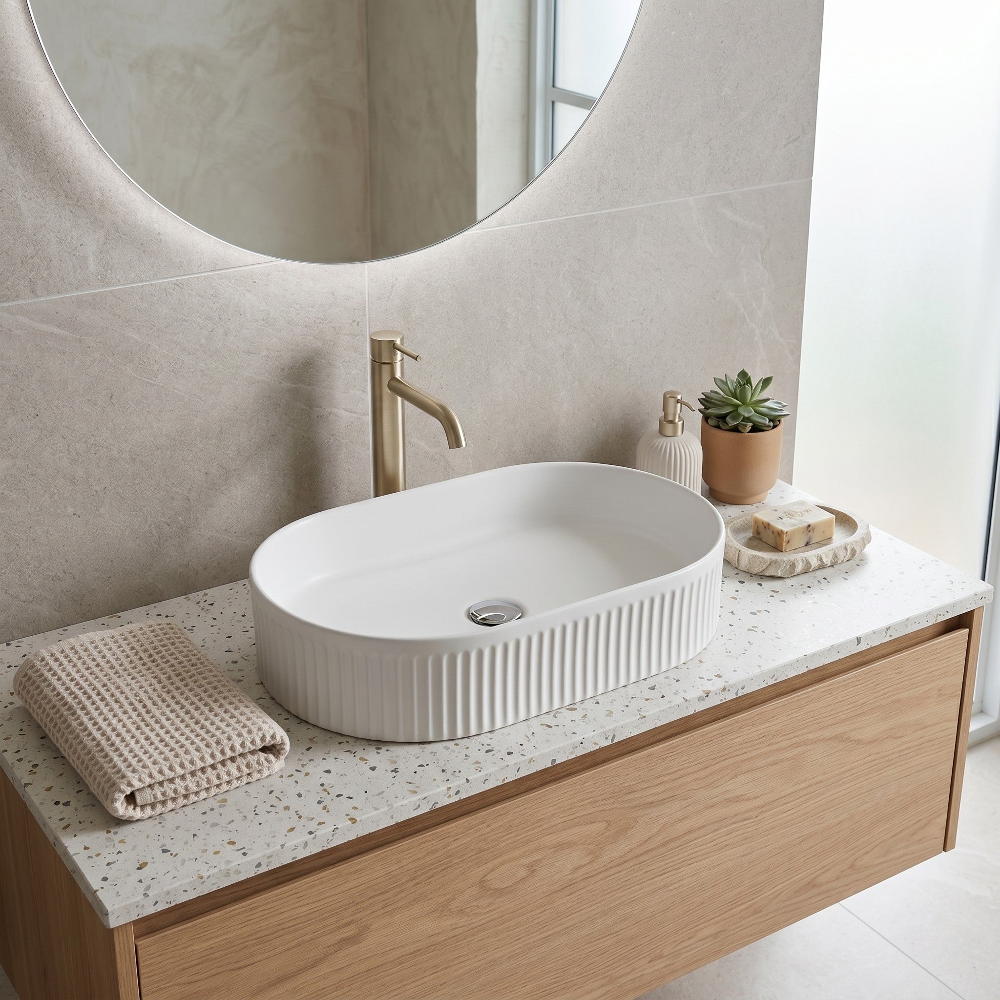 VITO ATHENA FLUTED PREMIUM CERAMIC ABOVE COUNTER BASIN MATTE WHITE 590MM