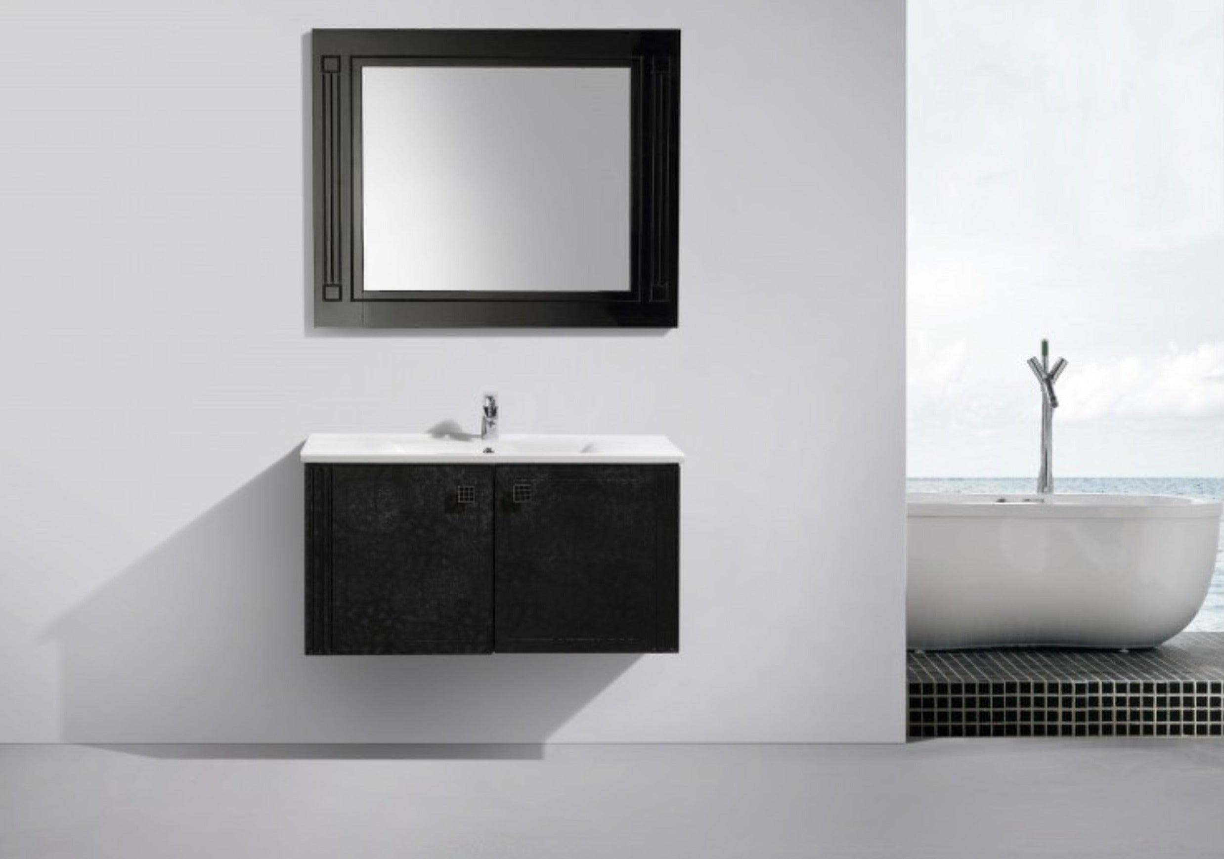 BEL BAGNO ATRIA NEO BLACK PATTERN 850MM SINGLE BOWL WALL HUNG VANITY AND BASIN