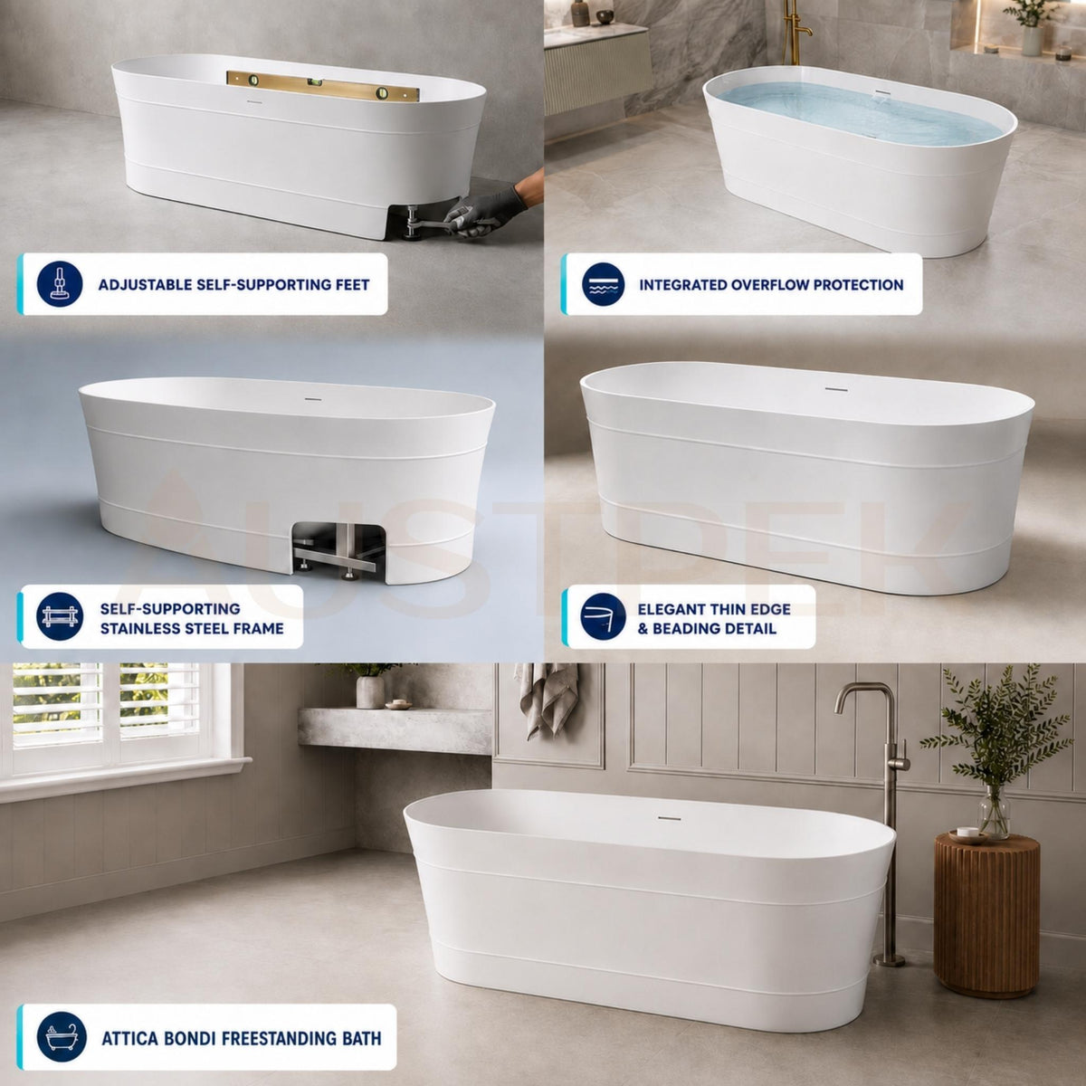 ATTICA BONDI FREE STANDING OVERFLOW BATHTUB MATTE WHITE (AVAILABLE IN 1500MM AND 1700MM)