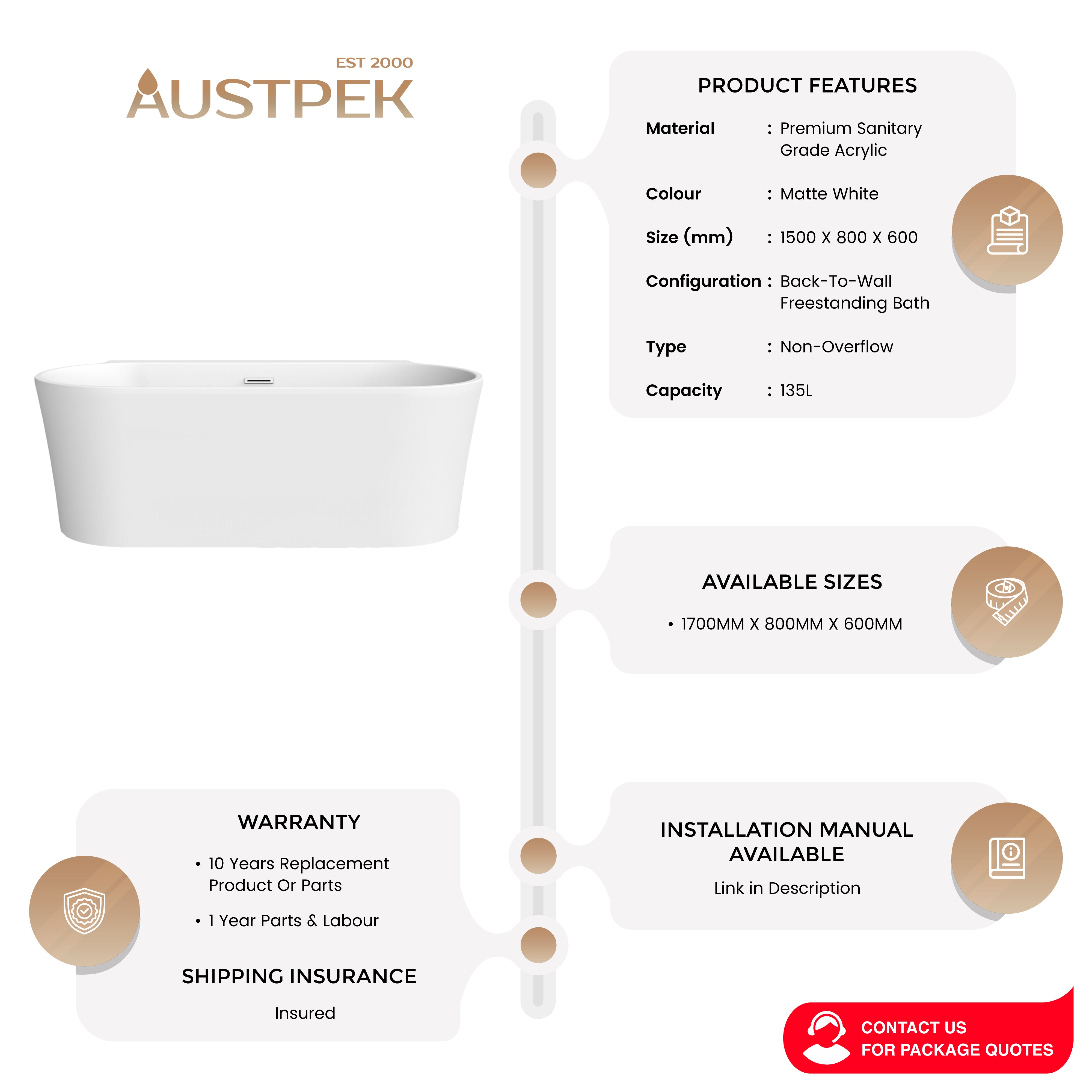 DECINA AURORA BACK TO WALL FREESTANDING BATH MATTE WHITE (AVAILABLE IN 1500MM AND 1700MM)